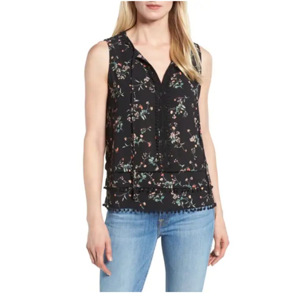 Gibson Black Sleeveless Blouse Tank Pom-Pom Floral Small